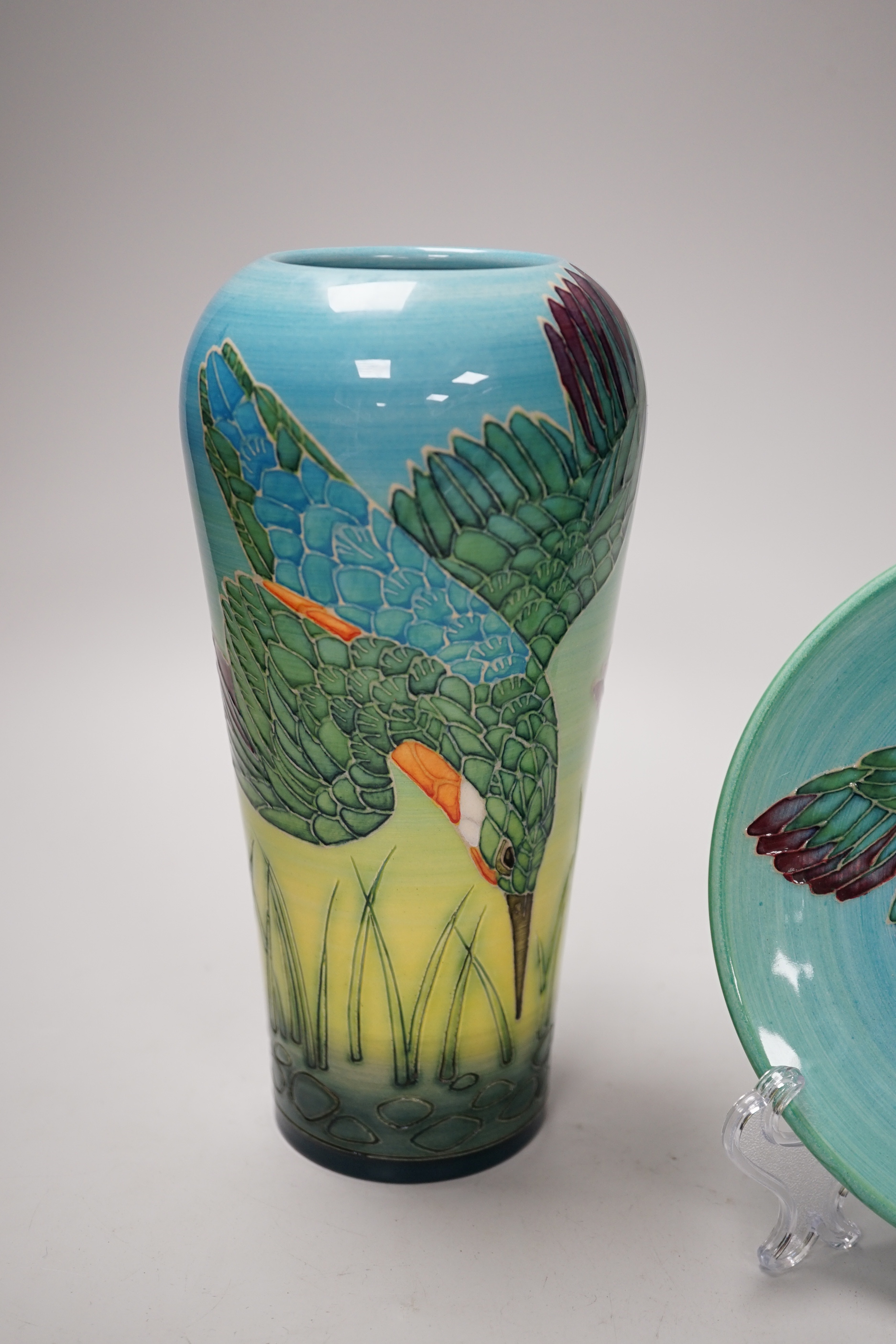 Sally Tuffin for Dennis China Works - ‘kingfisher’ pattern vase and plate. Vase 21cm
